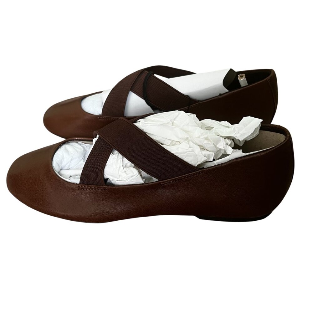 ZARA Leather Ballet Flats with Crossed Elastic Straps – Chocolate Brown Size 7.5 - Picture 3 of 8